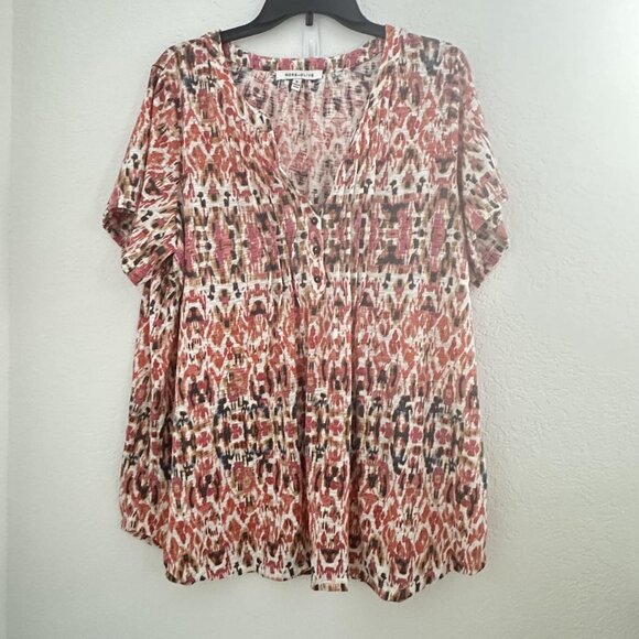 Rose & Olive Blouse Shirt Womens 1X Red Pink Ikat Print‎ Pintuck S/S Button Work - Picture 1 of 9